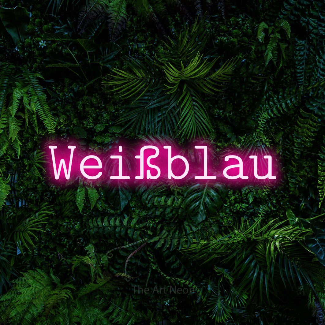 LED neon sign reading “Weißblau”, arranged in a single line.