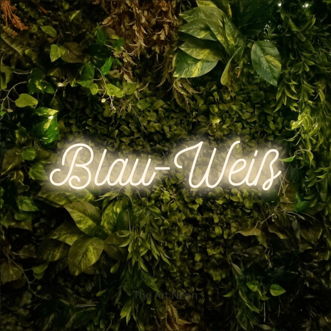 LED neon sign reading “Blau-Weiß”, arranged in a single line.