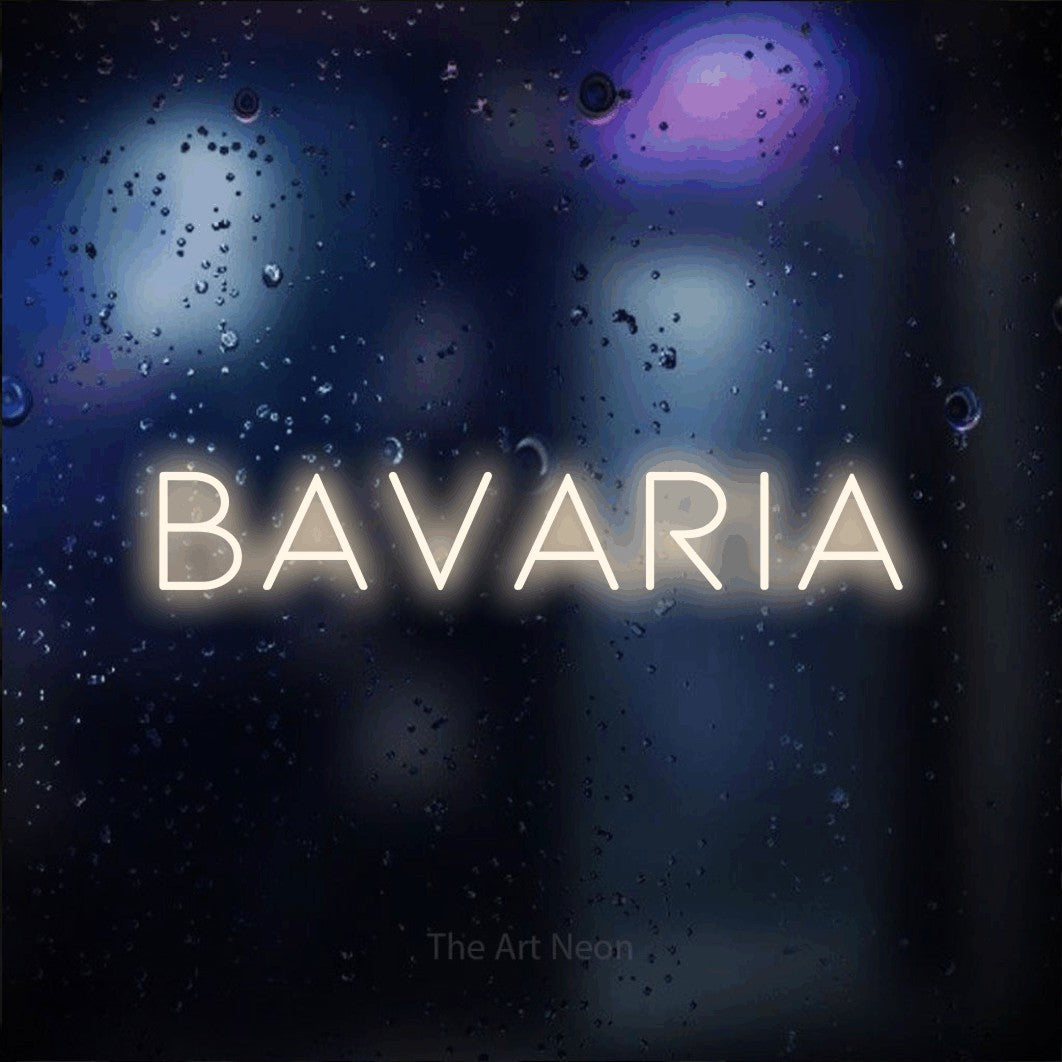 LED neon sign reading “Bavaria”, arranged in a single line.