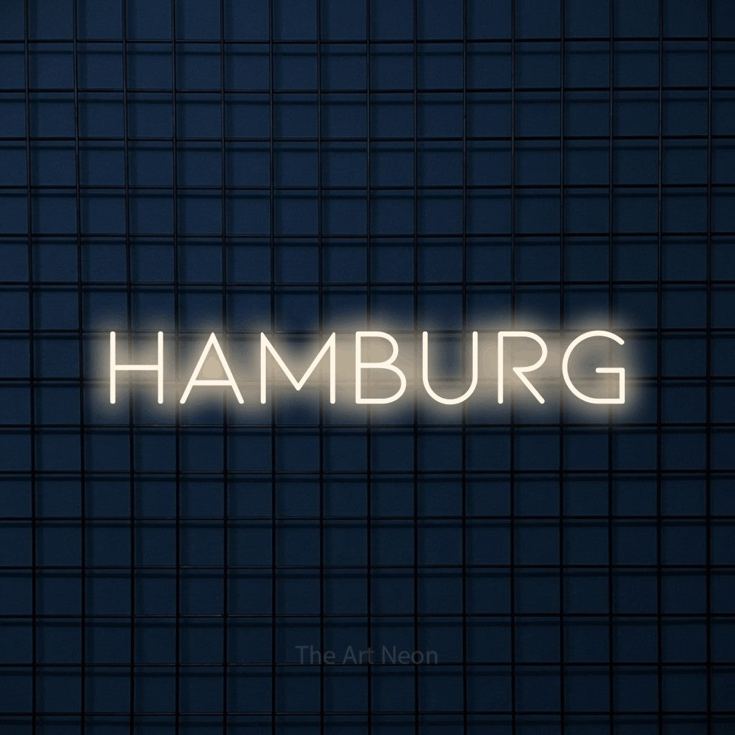 LED neon sign reading “hamburg”, arranged in a single line.