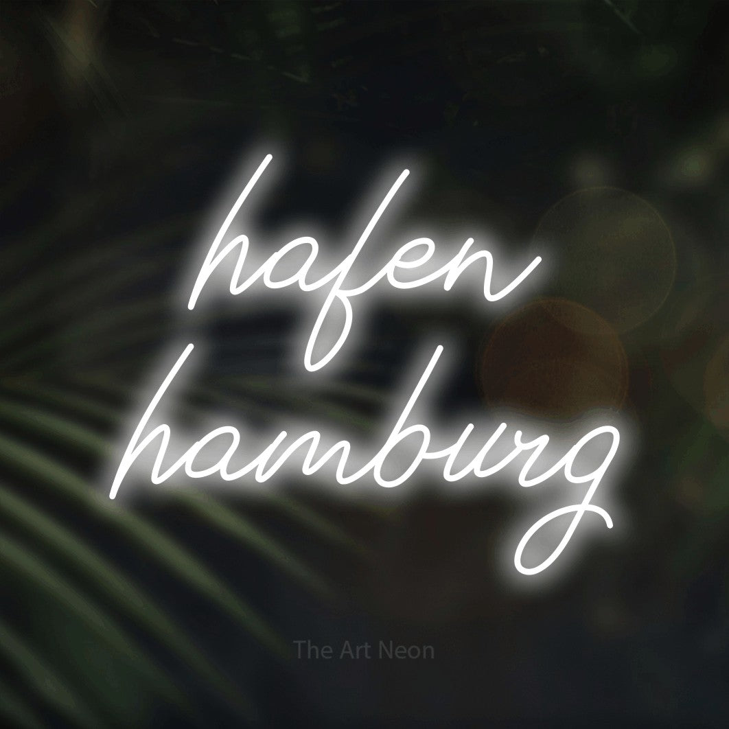 LED neon sign reading “hafen hamburg”, arranged in 2 lines.
