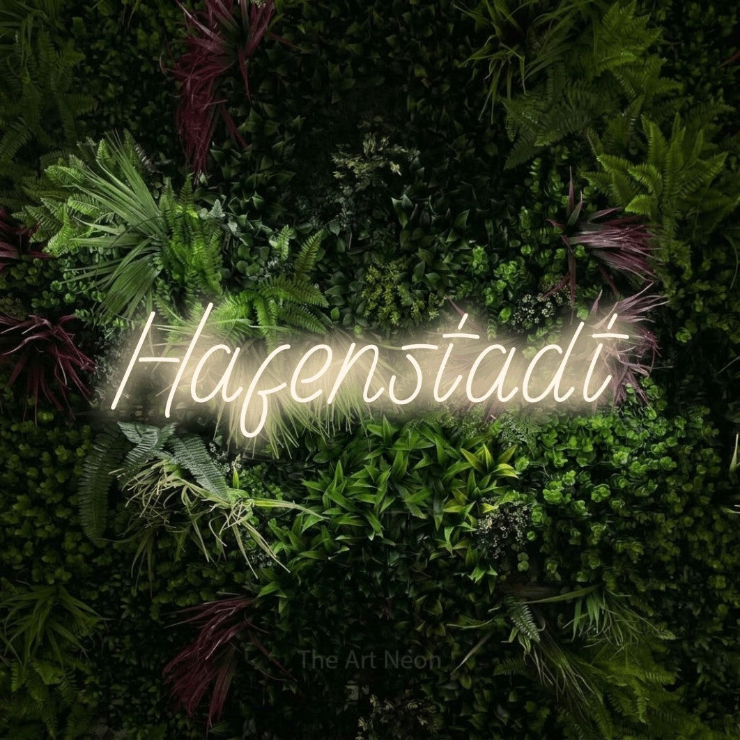 LED neon sign reading “Hafenstadt”, arranged in a single line.