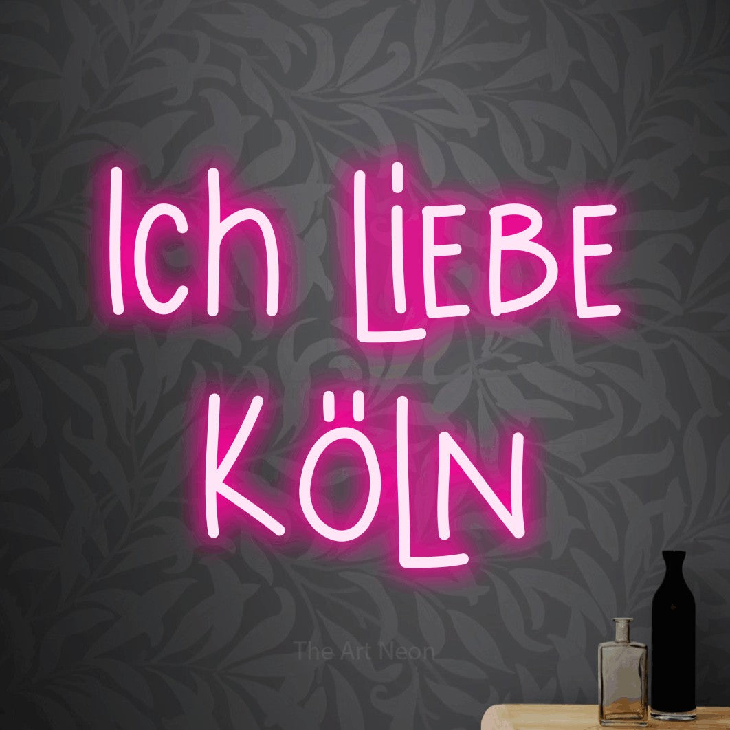 LED neon sign reading “Ich liebe Köln”, arranged in 2 lines.