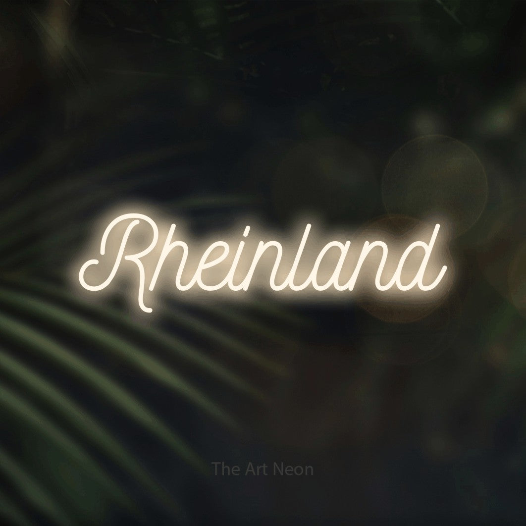 LED neon sign reading “Rheinland”, arranged in a single line.