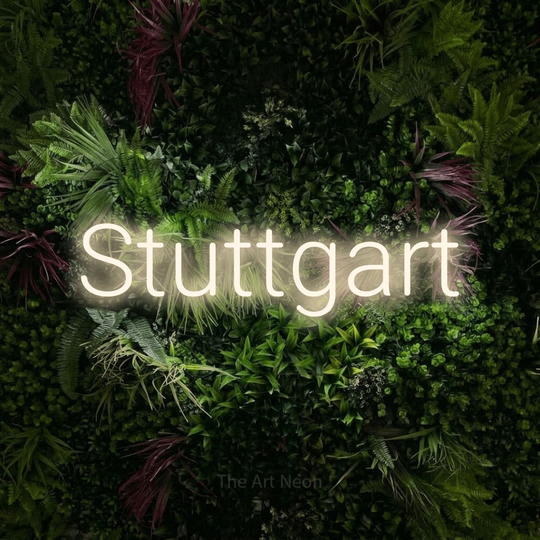 LED neon sign reading “Stuttgart”, arranged in a single line.