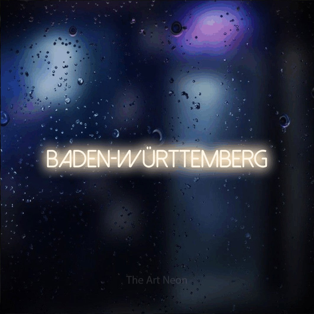 LED neon sign reading “Baden-Württemberg”, arranged in a single line.