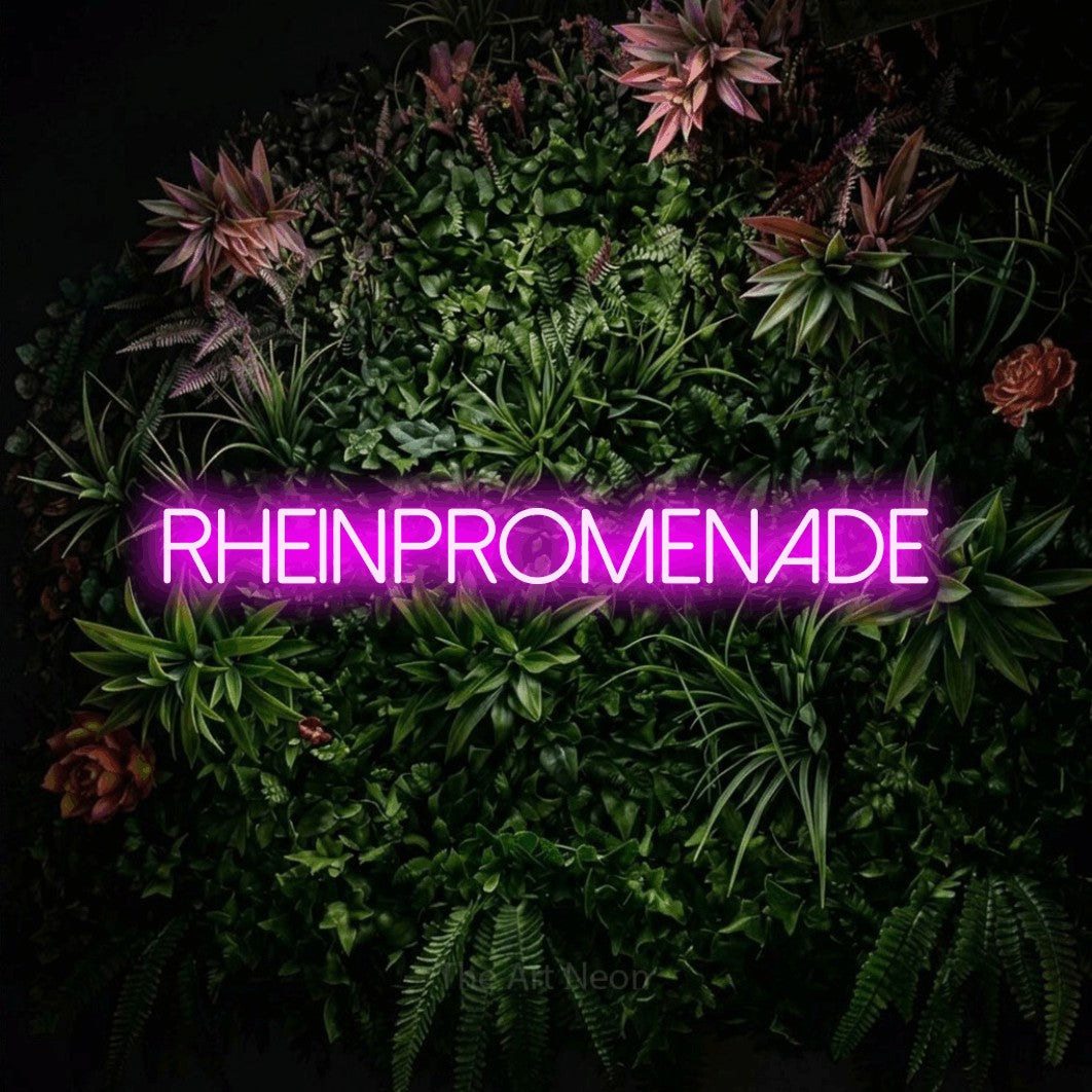 LED neon sign reading “Rheinpromenade”, arranged in a single line.