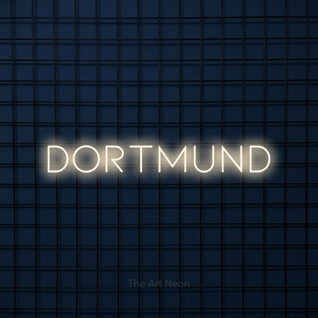 LED neon sign reading “Dortmund”, arranged in a single line.
