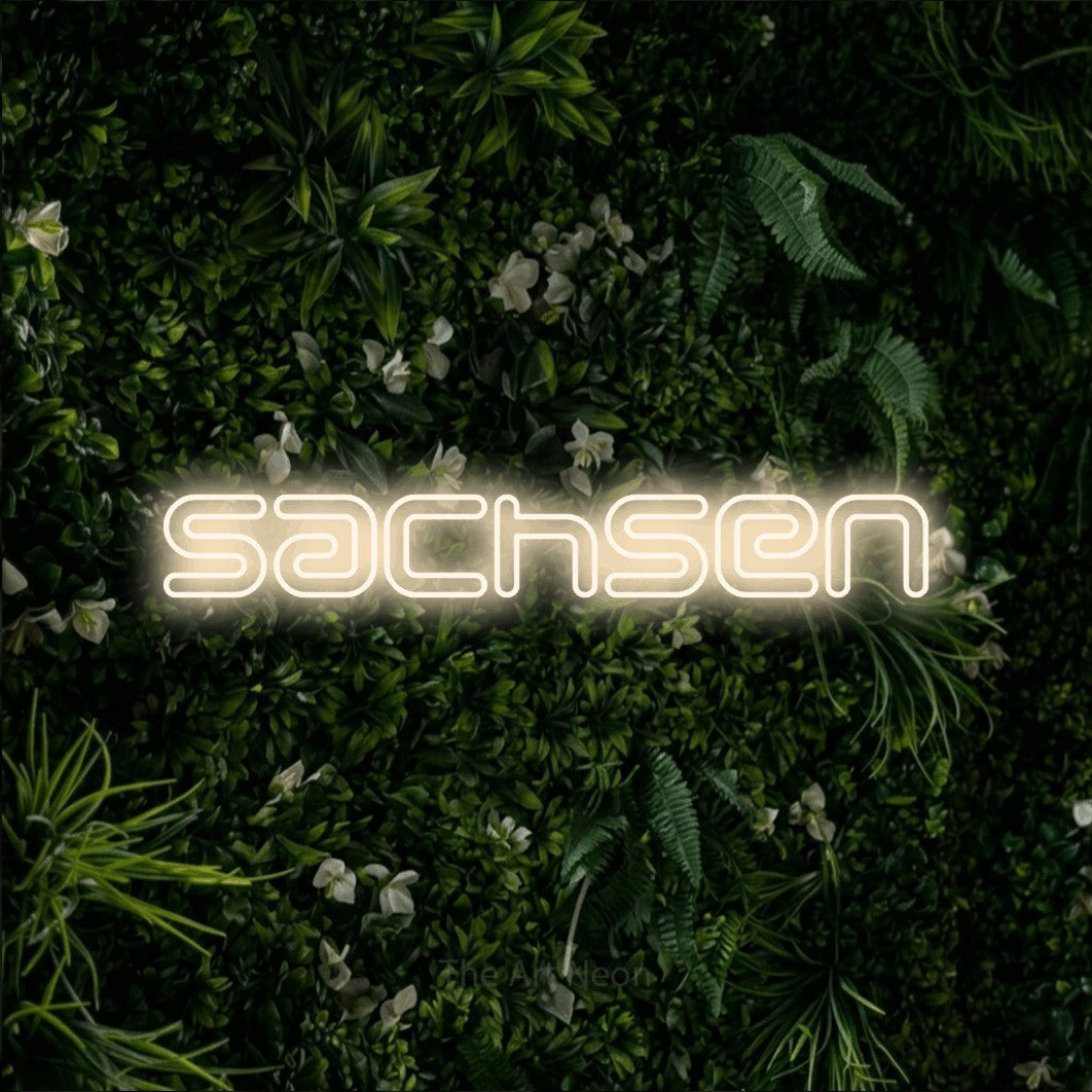 LED neon sign reading “sachsen”, arranged in a single line.