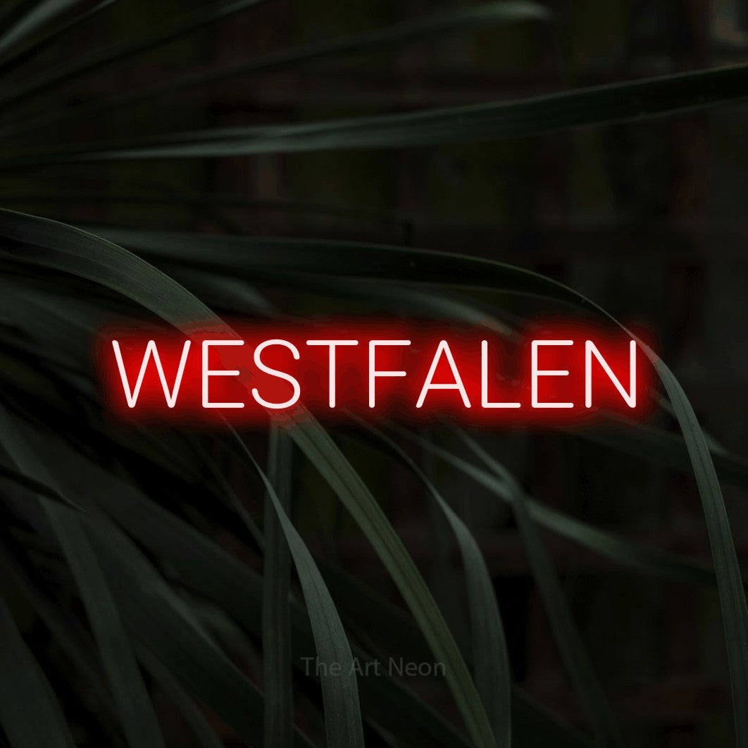 LED neon sign reading “WESTFALEN”, arranged in a single line.