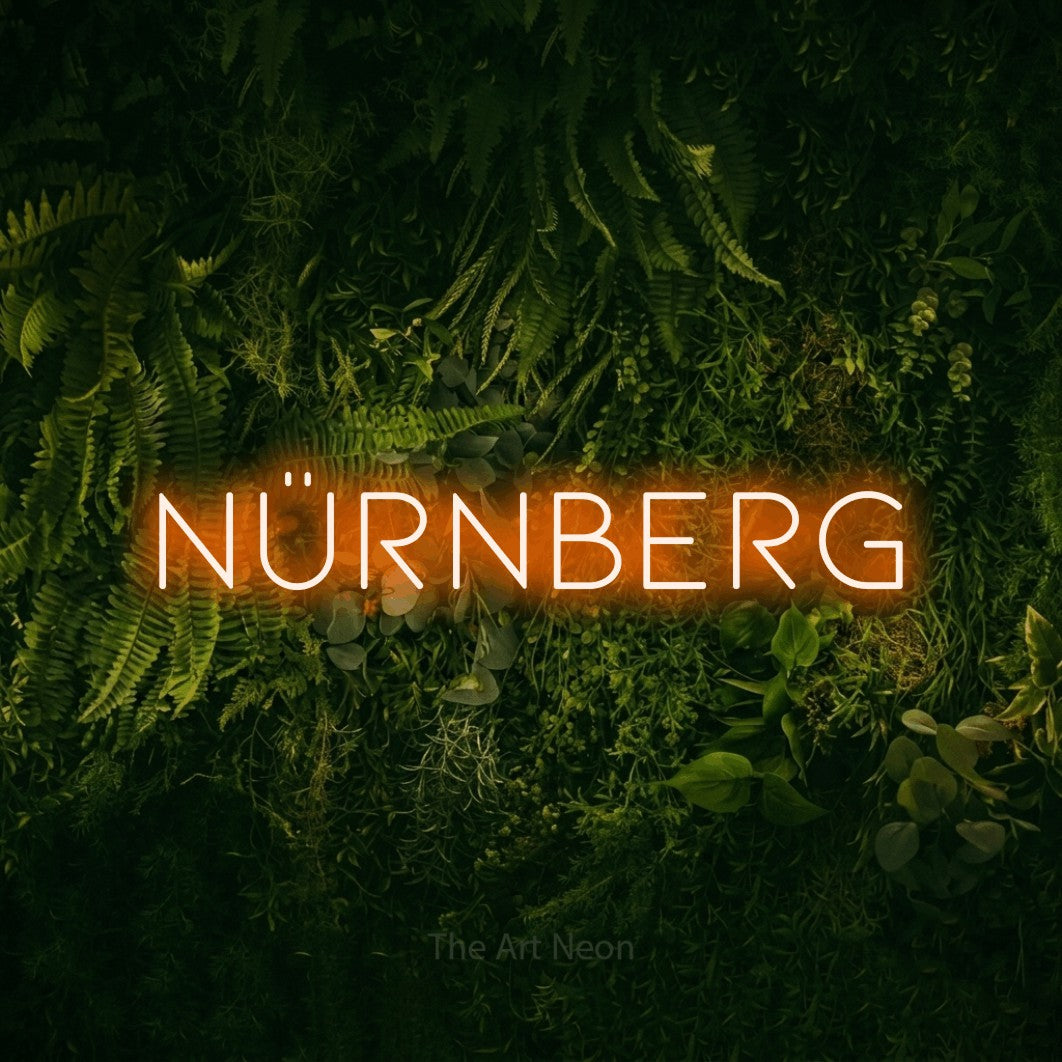 LED neon sign reading “NÜRNBERG”, arranged in a single line.