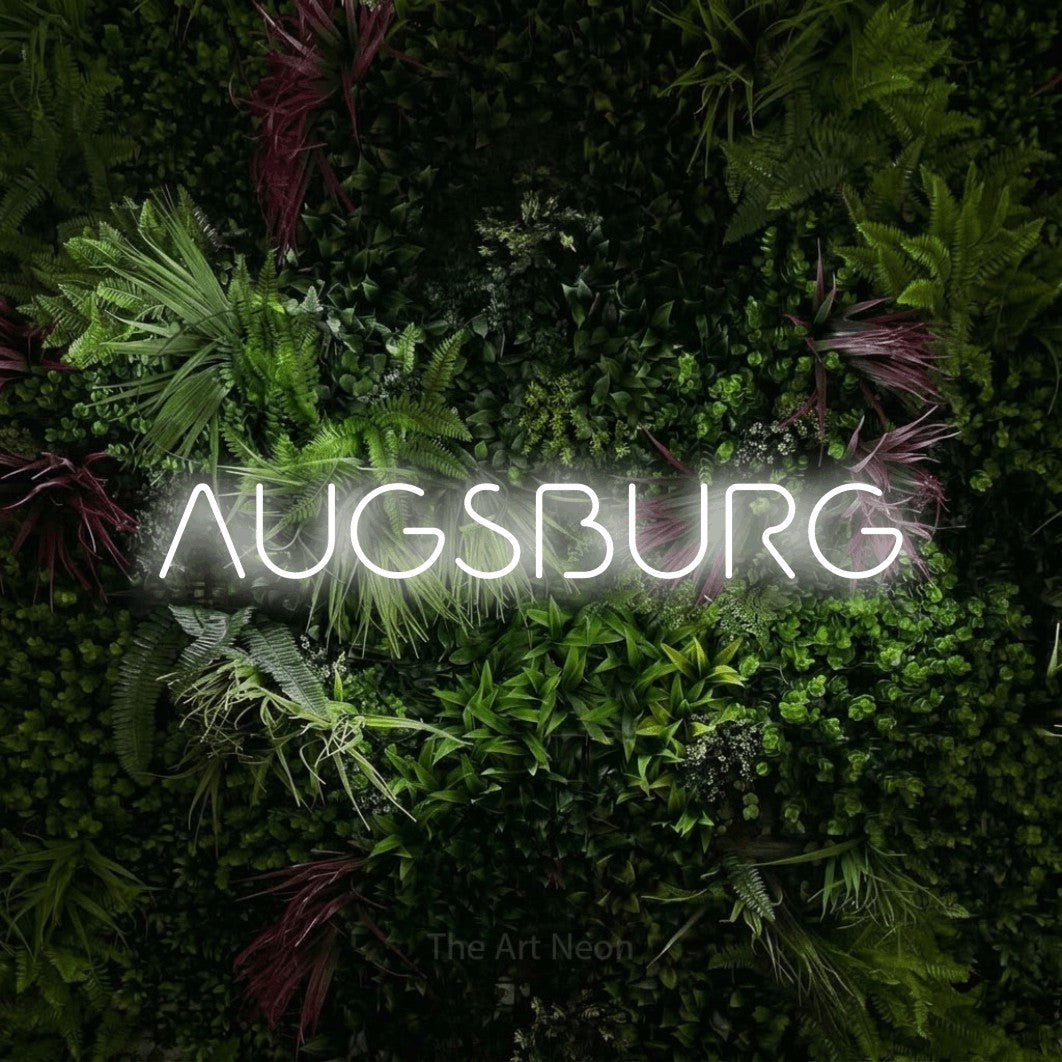 LED neon sign reading “AUGSBURG”, arranged in a single line.