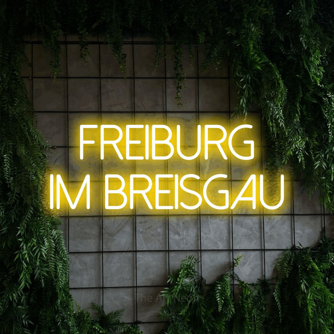 LED neon sign reading “FREIBURG IM BREISGAU”, arranged in 2 lines.