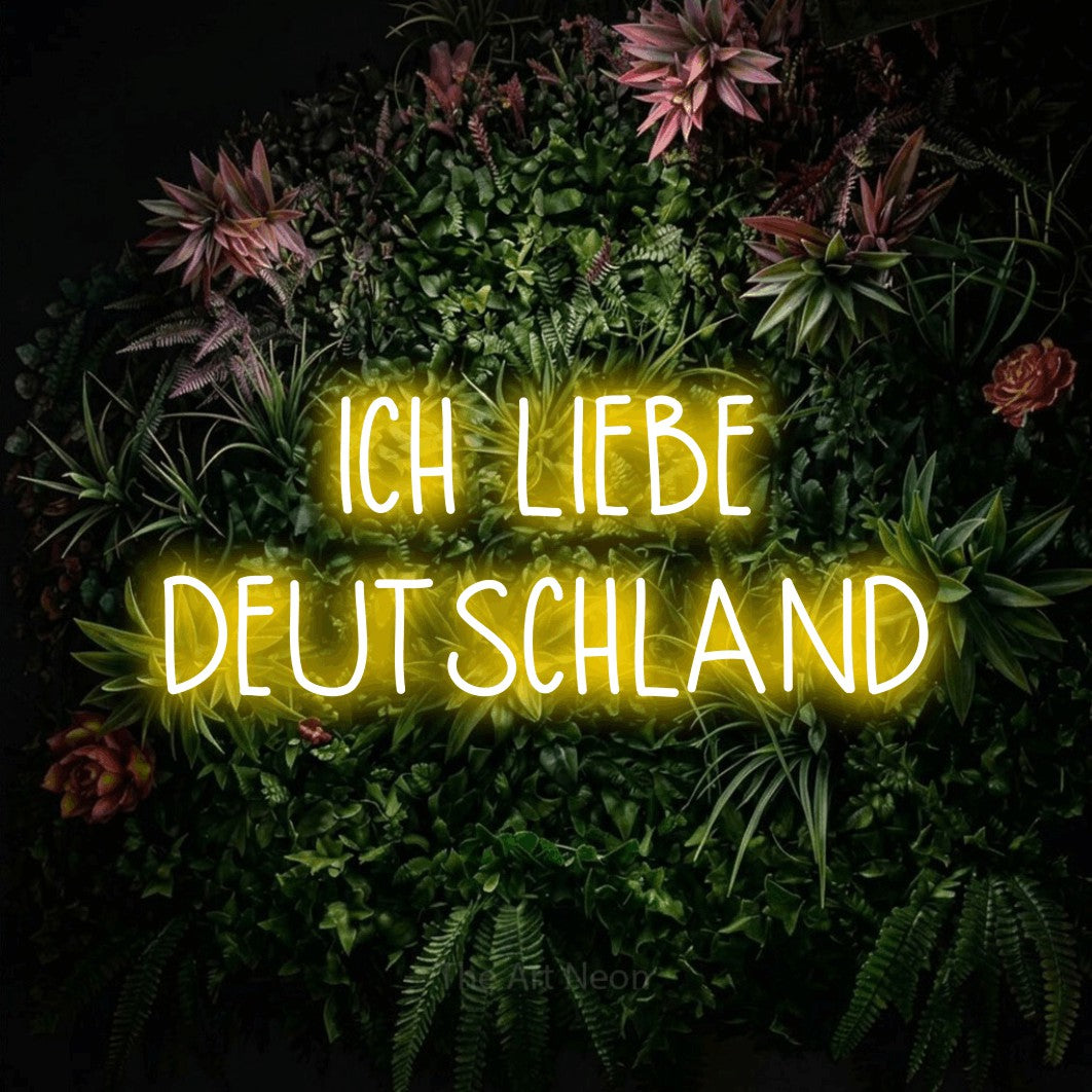 LED neon sign reading “ICH LIEBE DEUTSCHLAND”, arranged in 2 lines.