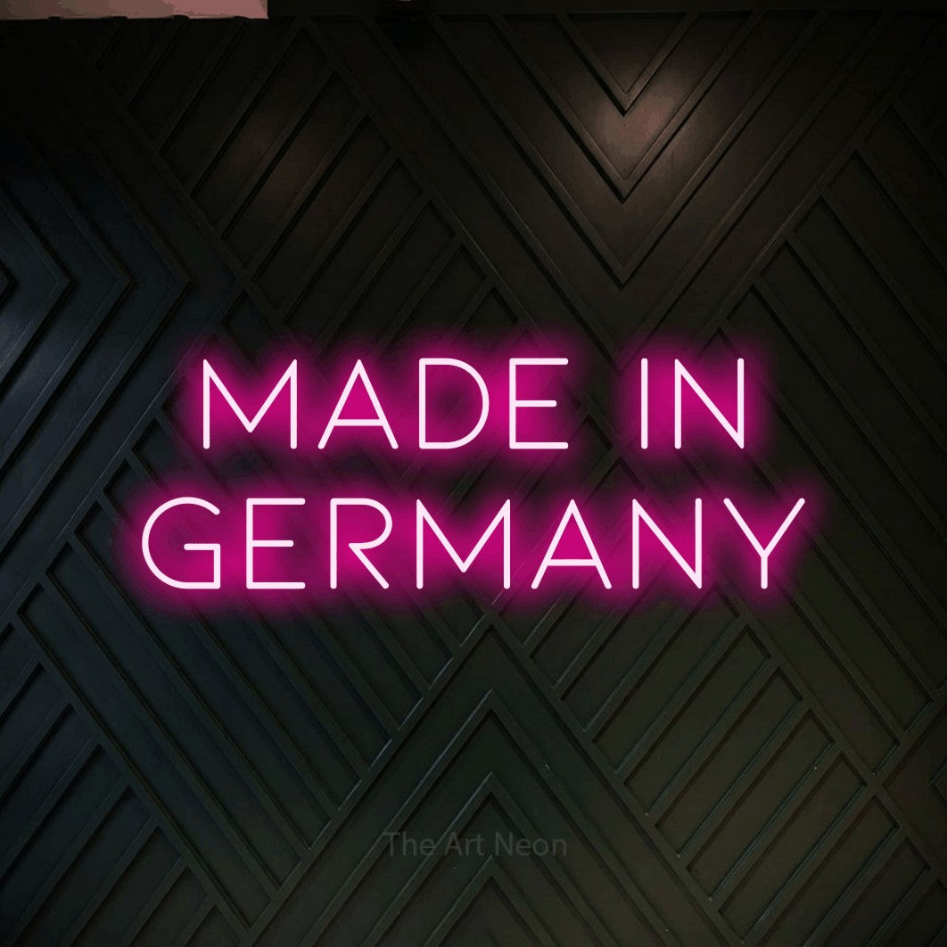 LED neon sign reading “MADE IN GERMANY”, arranged in 2 lines.