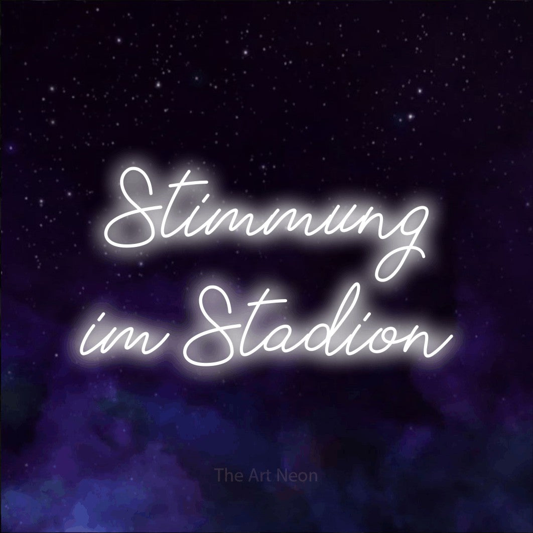 LED neon sign reading “Stimmung im Stadion”, arranged in 2 lines.