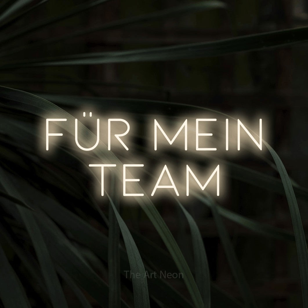 LED neon sign reading “für mein team”, arranged in 2 lines.