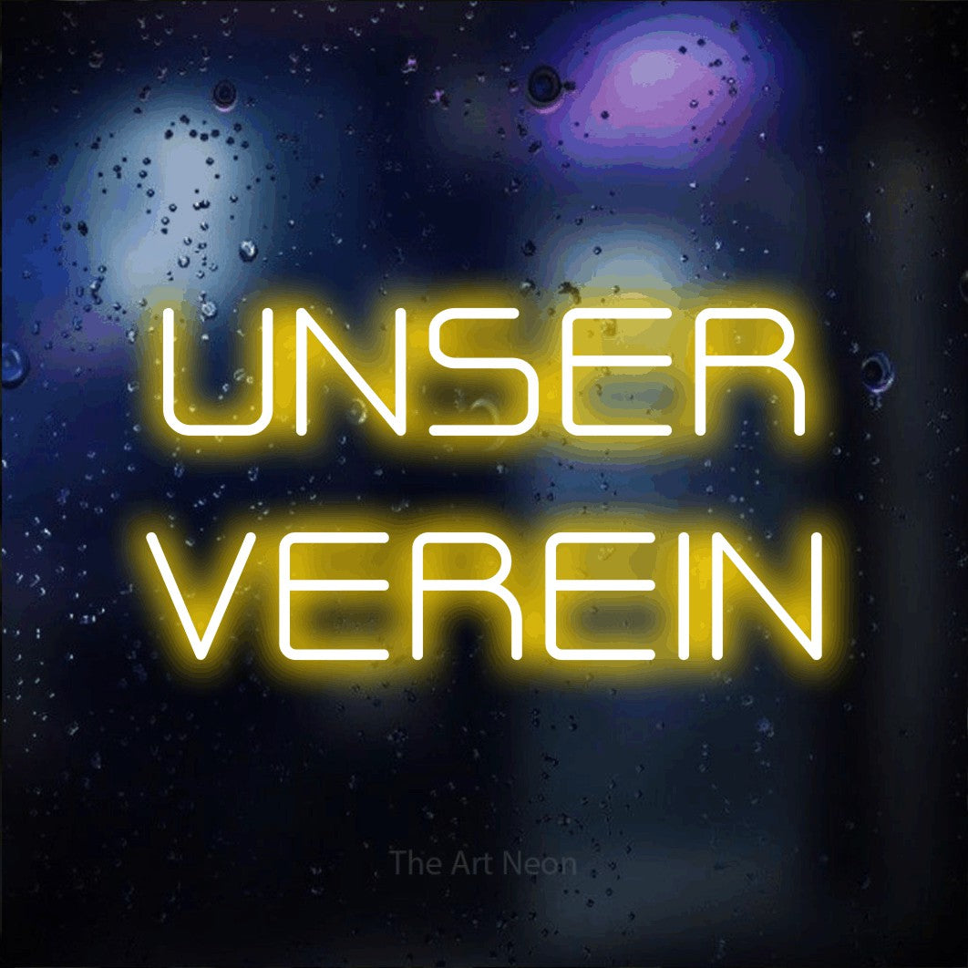 LED neon sign reading “UNSER VEREIN”, arranged in 2 lines.