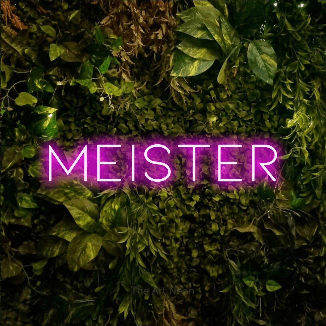 LED neon sign reading “Meister”, arranged in a single line.