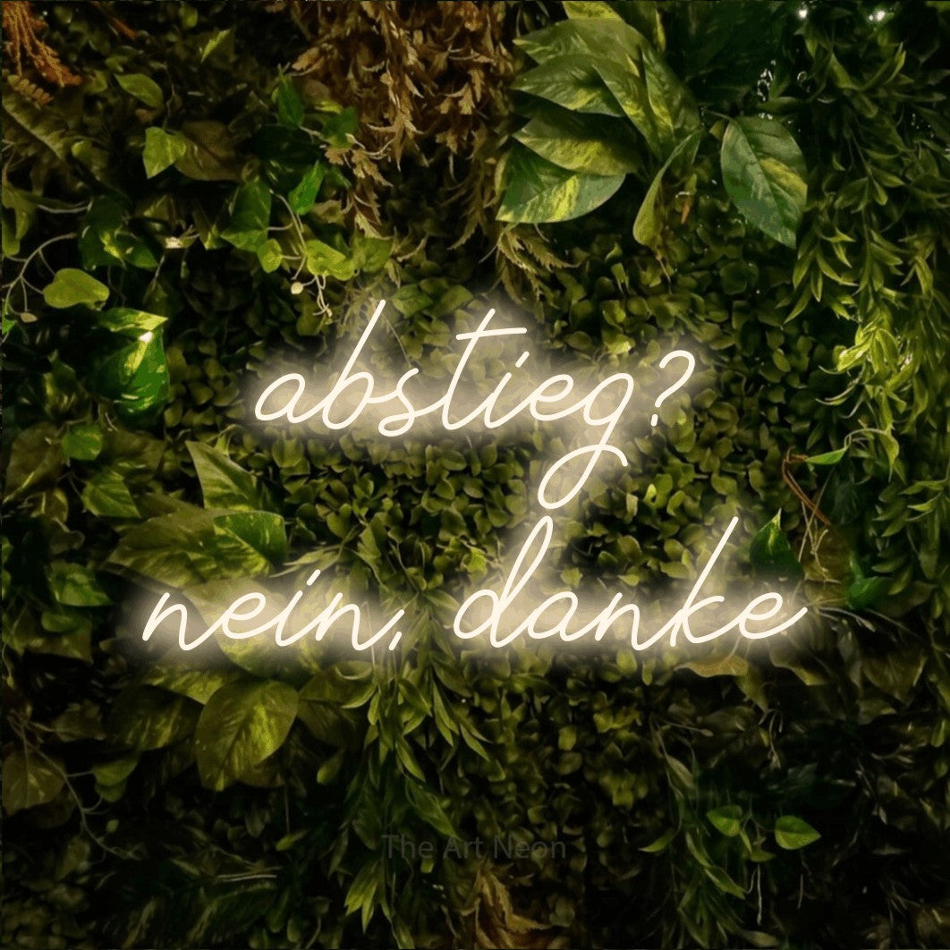 LED neon sign reading “abstieg? nein, danke”, arranged in 2 lines.