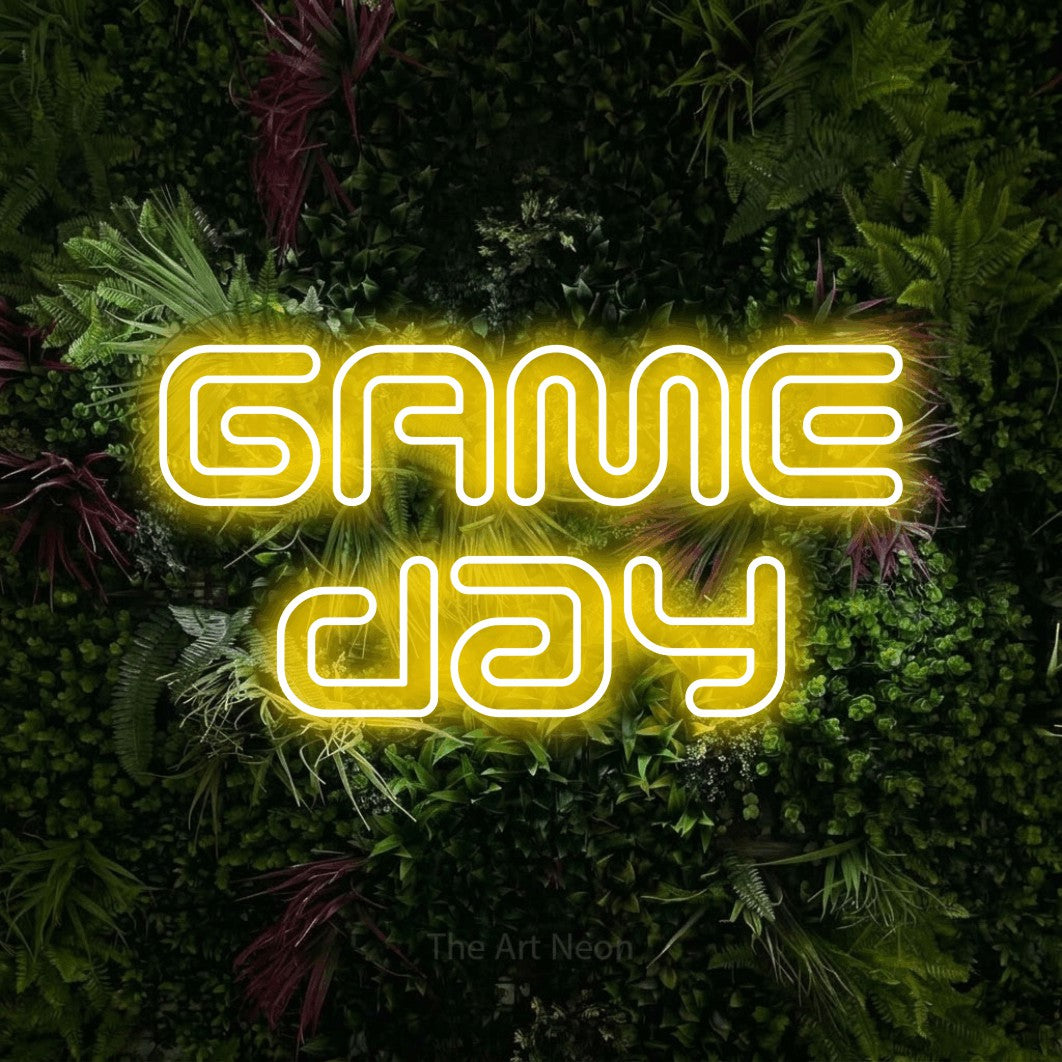 LED neon sign reading “GAME day”, arranged in 2 lines.