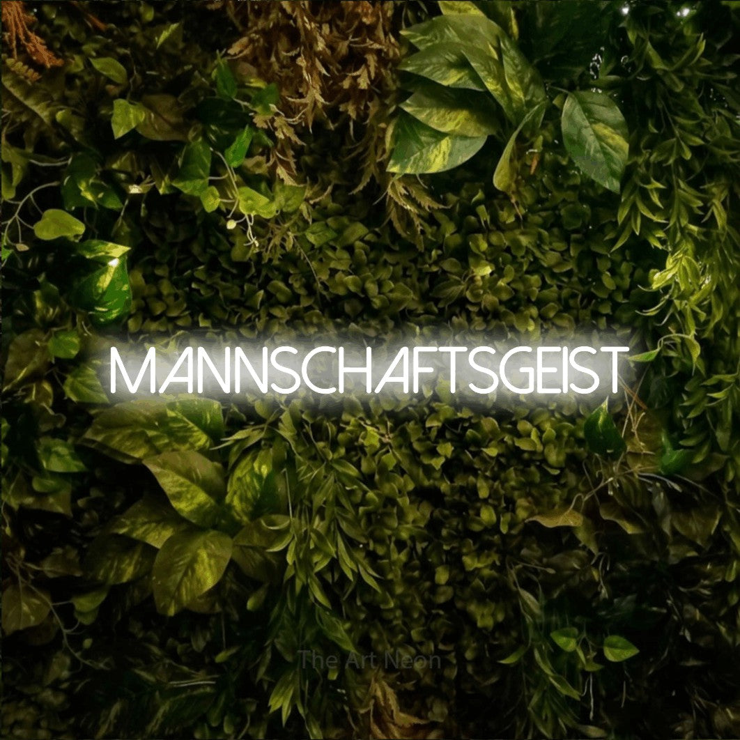 LED neon sign reading “Mannschaftsgeist”, arranged in a single line.