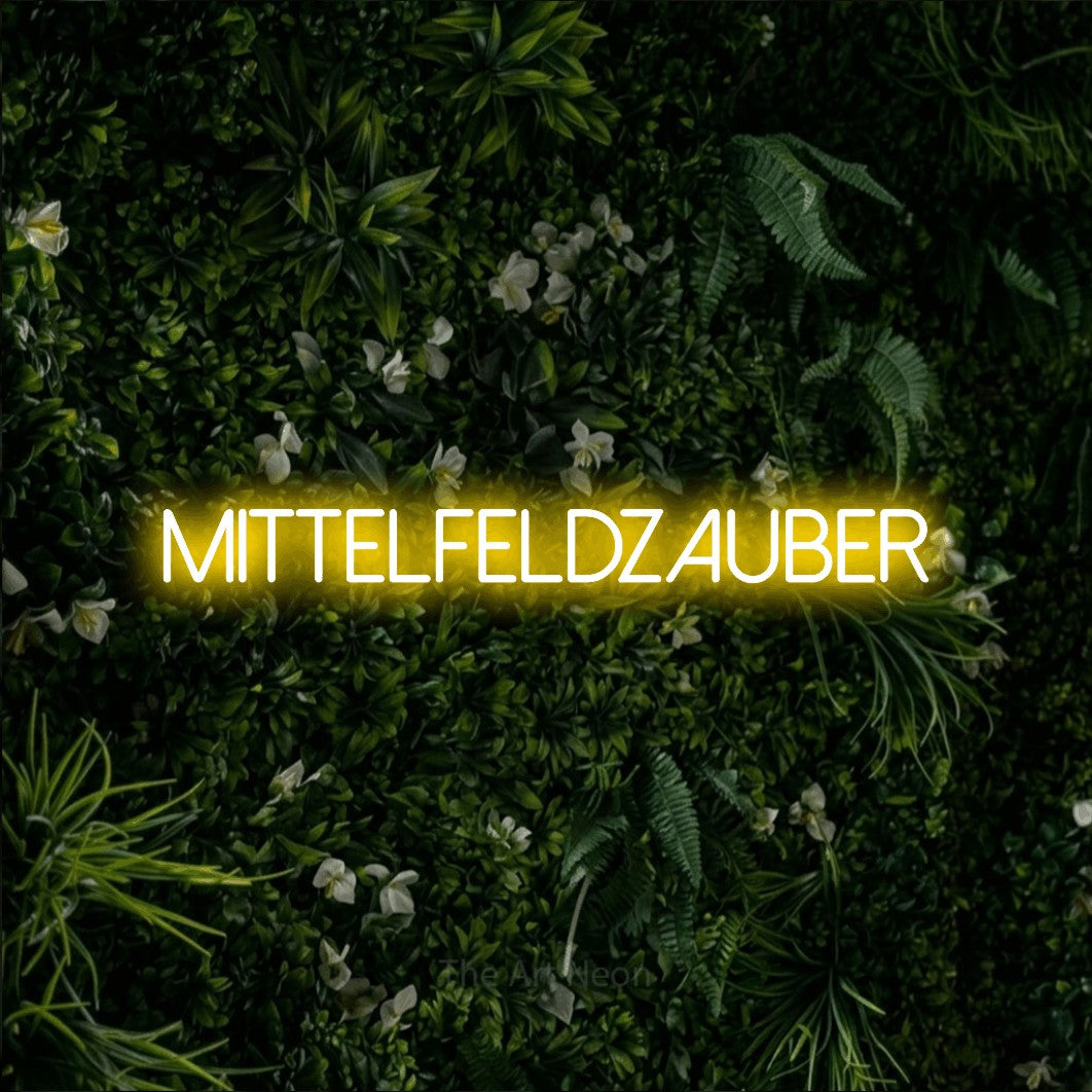 LED neon sign reading “Mittelfeldzauber”, arranged in a single line.