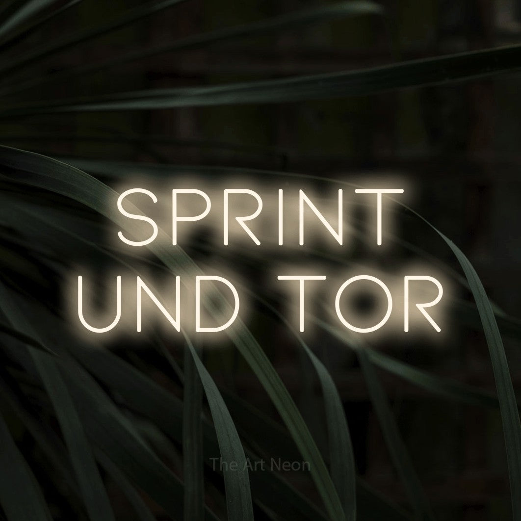 LED neon sign reading “Sprint und Tor”, arranged in 2 lines.