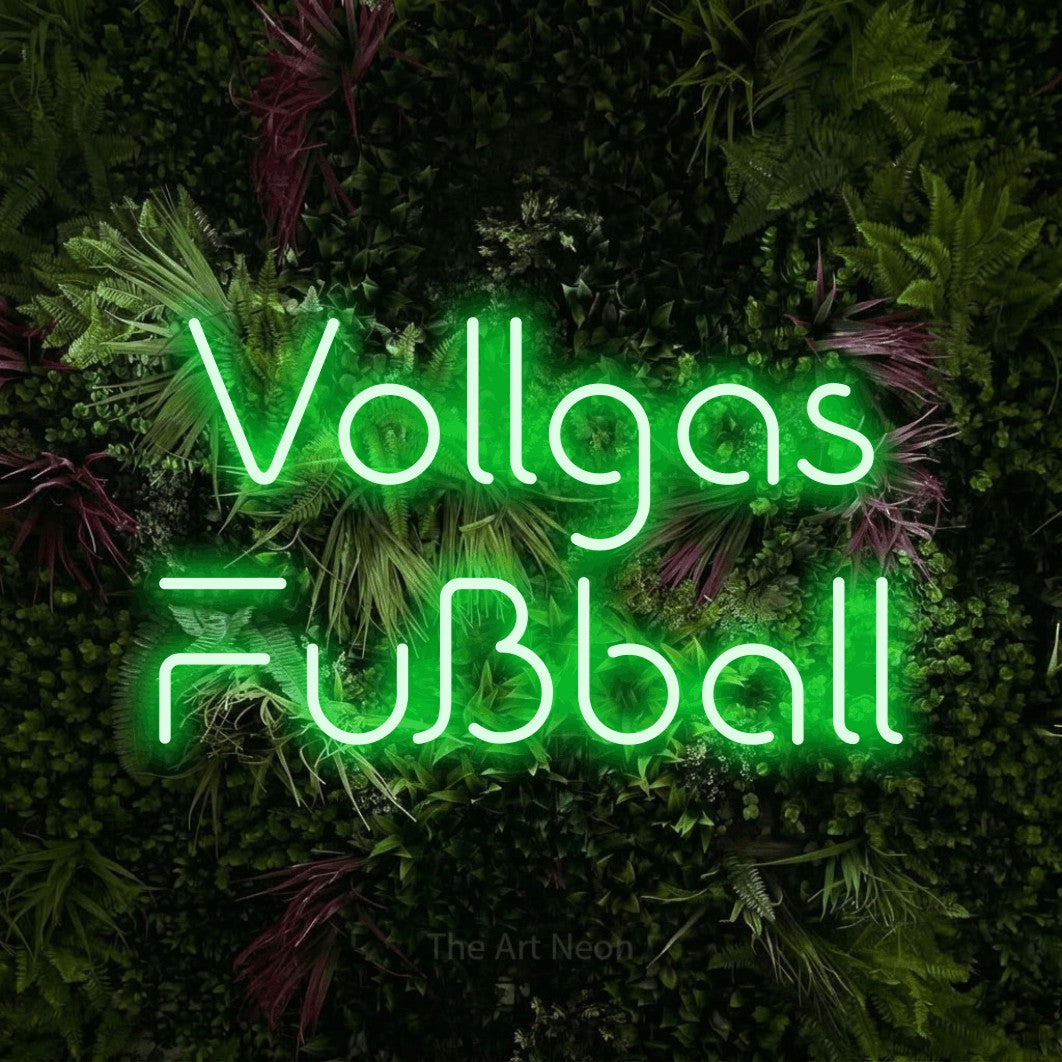 LED neon sign reading “Vollgas Fußball”, arranged in 2 lines.