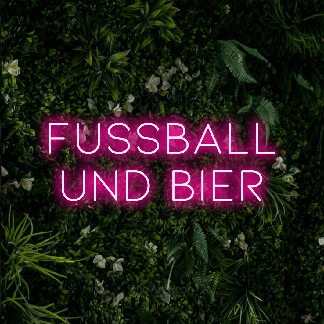 LED neon sign reading “FUSSBALL UND BIER”, arranged in 2 lines.