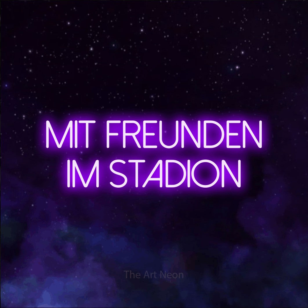 LED neon sign reading “mit FREUNDEN im stadion”, arranged in 2 lines.