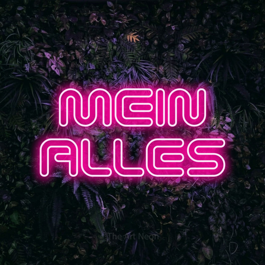 LED neon sign reading “MEIN ALLES”, arranged in 2 lines.