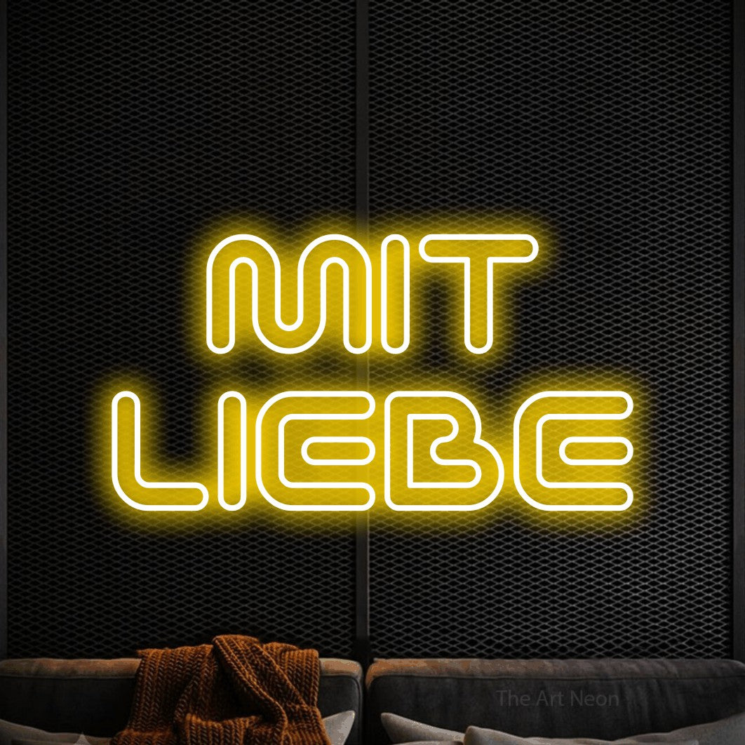 LED neon sign reading “MIT LIEBE”, arranged in 2 lines.