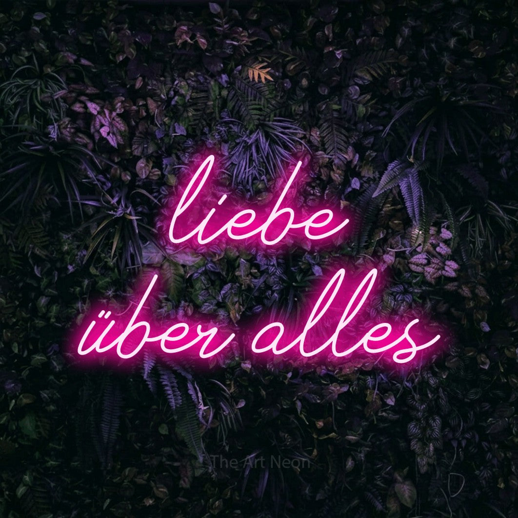 LED neon sign reading “liebe über alles”, arranged in 2 lines.