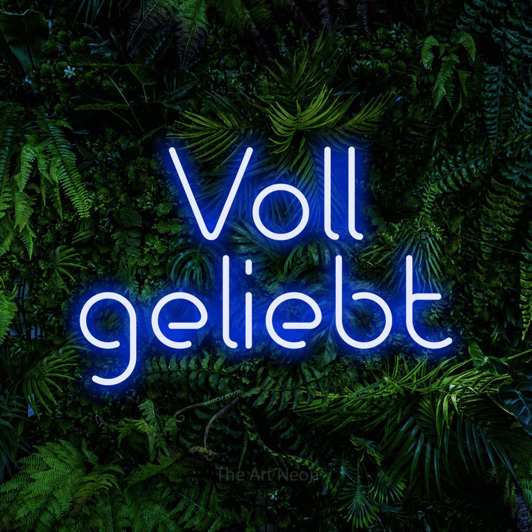 LED neon sign reading “Voll geliebt”, arranged in 2 lines.