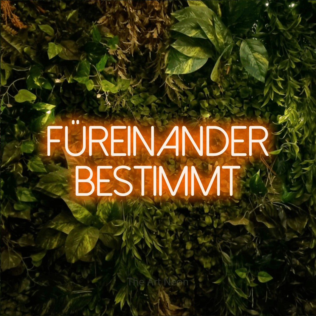 LED neon sign reading “FÜREINANDER BESTIMMT”, arranged in 2 lines.