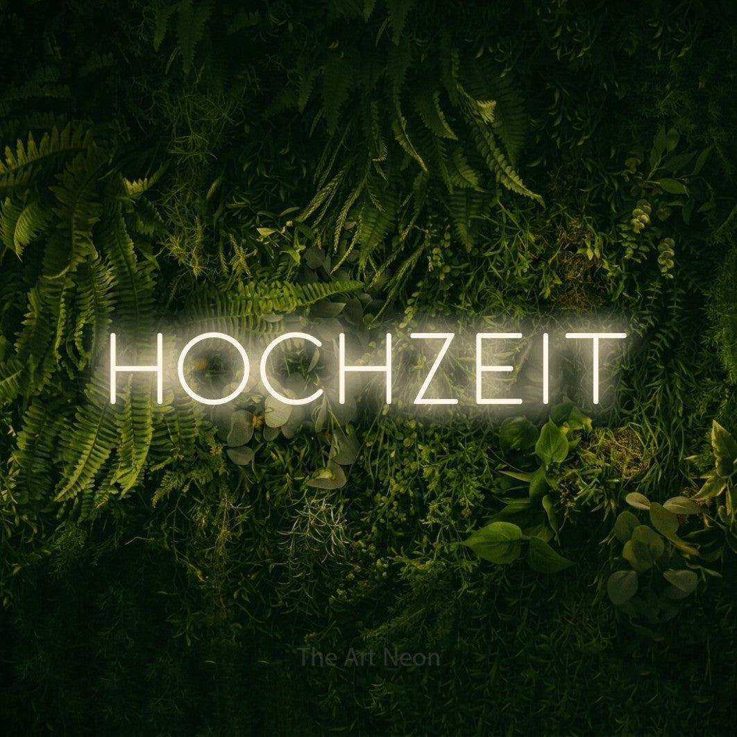 LED neon sign reading “Hochzeit”, arranged in a single line.