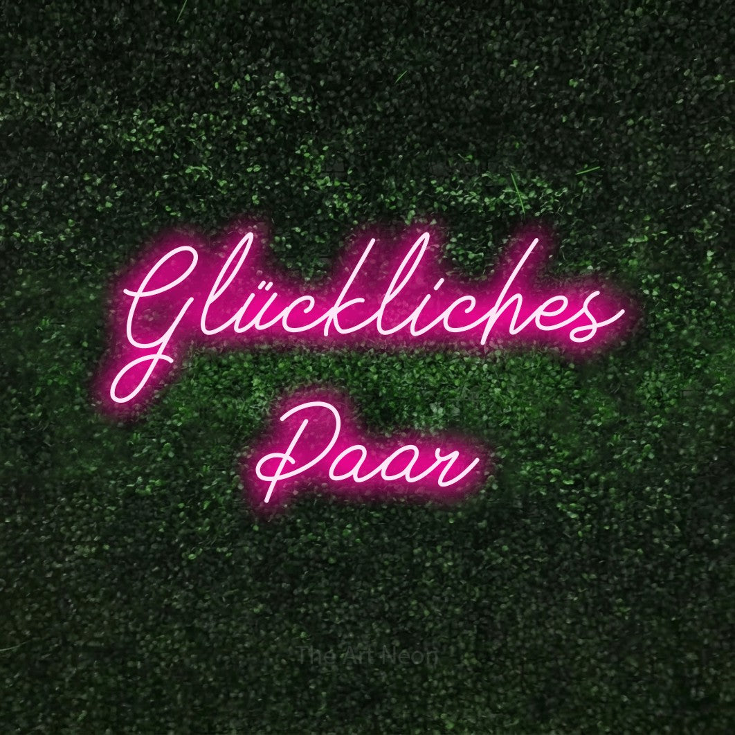 LED neon sign reading “Glückliches Paar”, arranged in 2 lines.