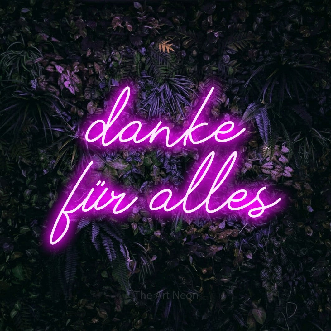 LED neon sign reading “danke für alles”, arranged in 2 lines.