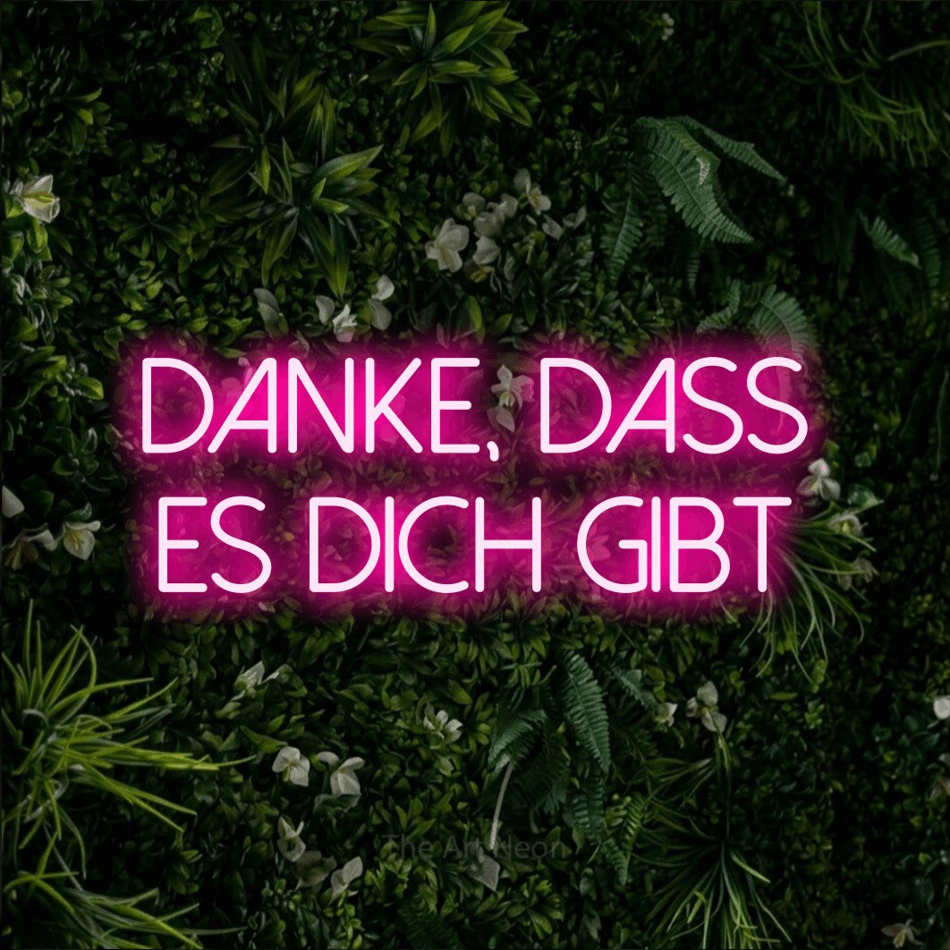 LED neon sign reading “Danke, dass es dich gibt”, arranged in 2 lines.