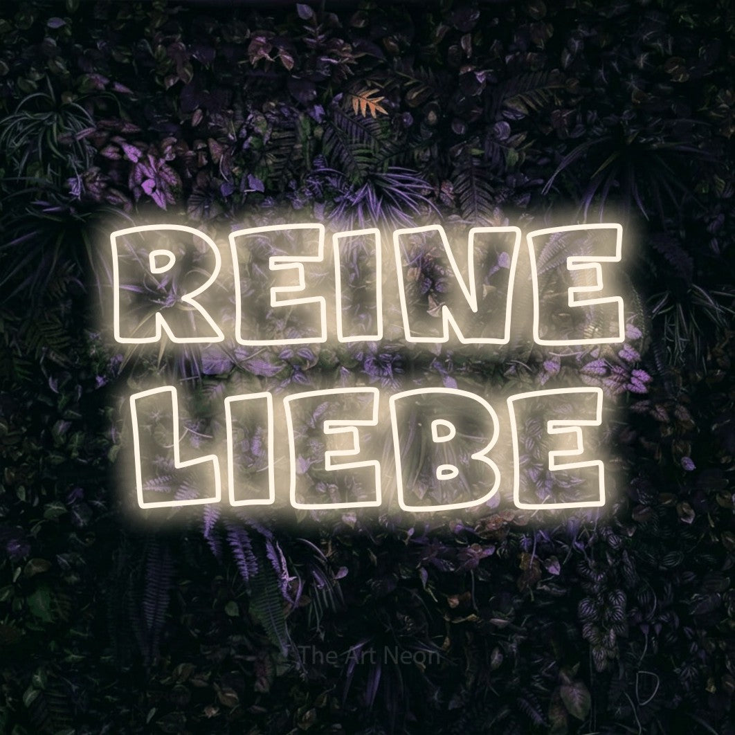 LED neon sign reading “REINE LIEBE”, arranged in 2 lines.