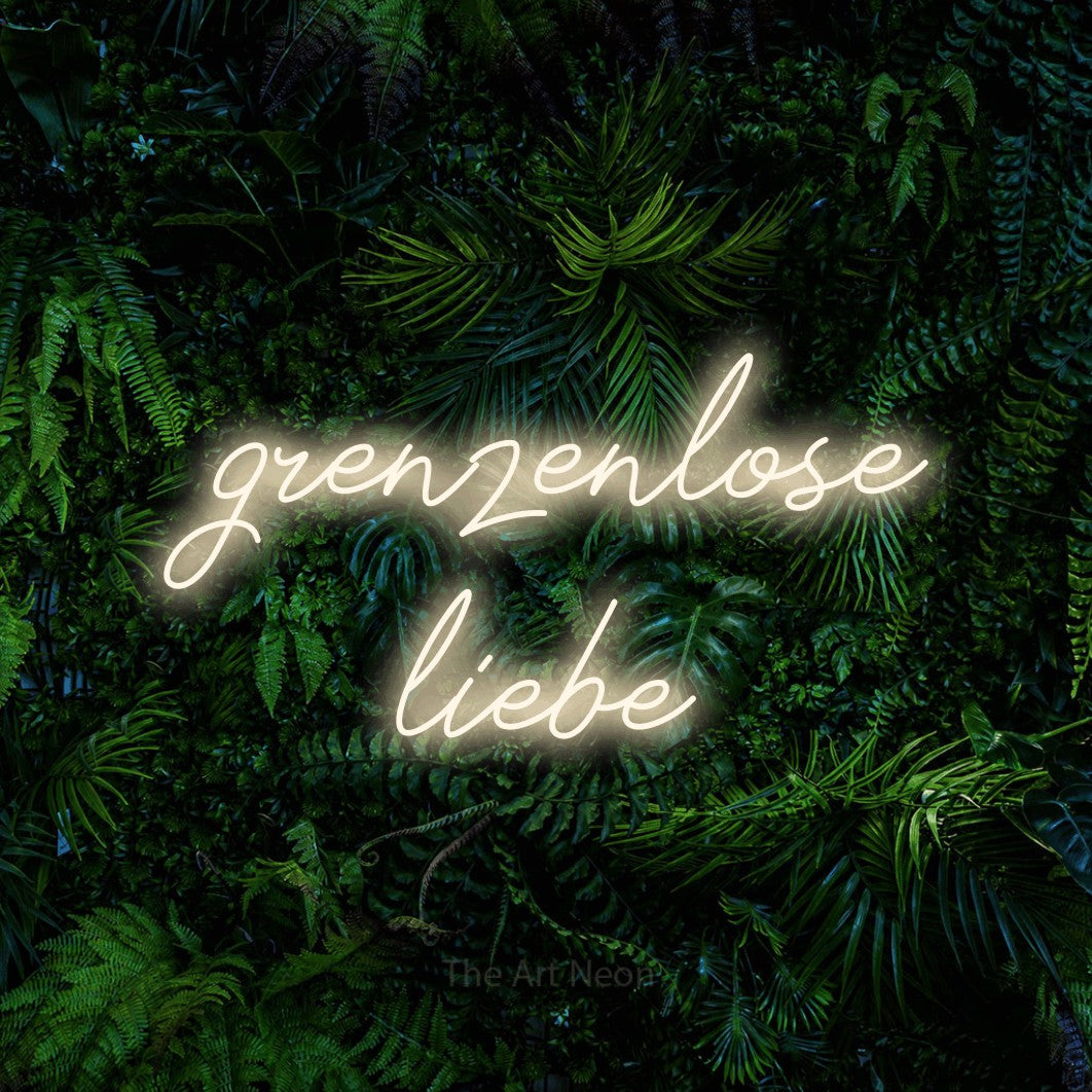 LED neon sign reading “grenzenlose liebe”, arranged in 2 lines.