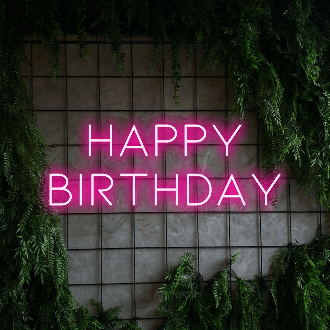 LED neon sign reading “happy BIRTHDAY”, arranged in 2 lines.