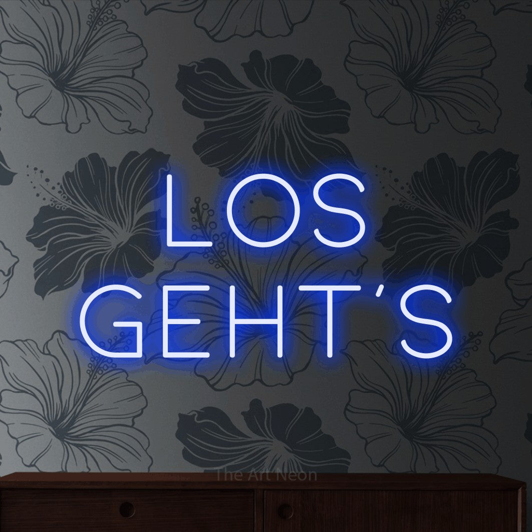 LED neon sign reading “Los geht's”, arranged in 2 lines.