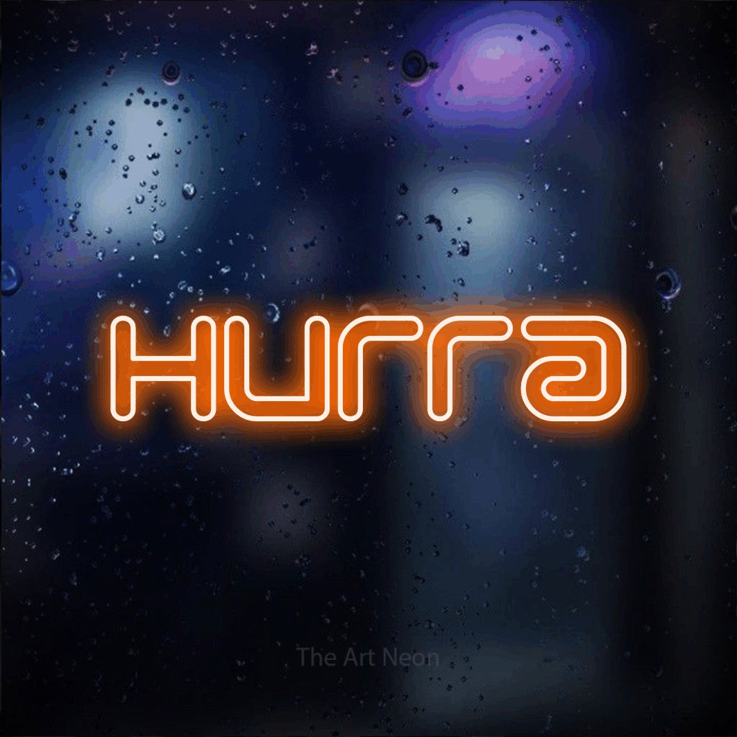 LED neon sign reading “Hurra”, arranged in a single line.