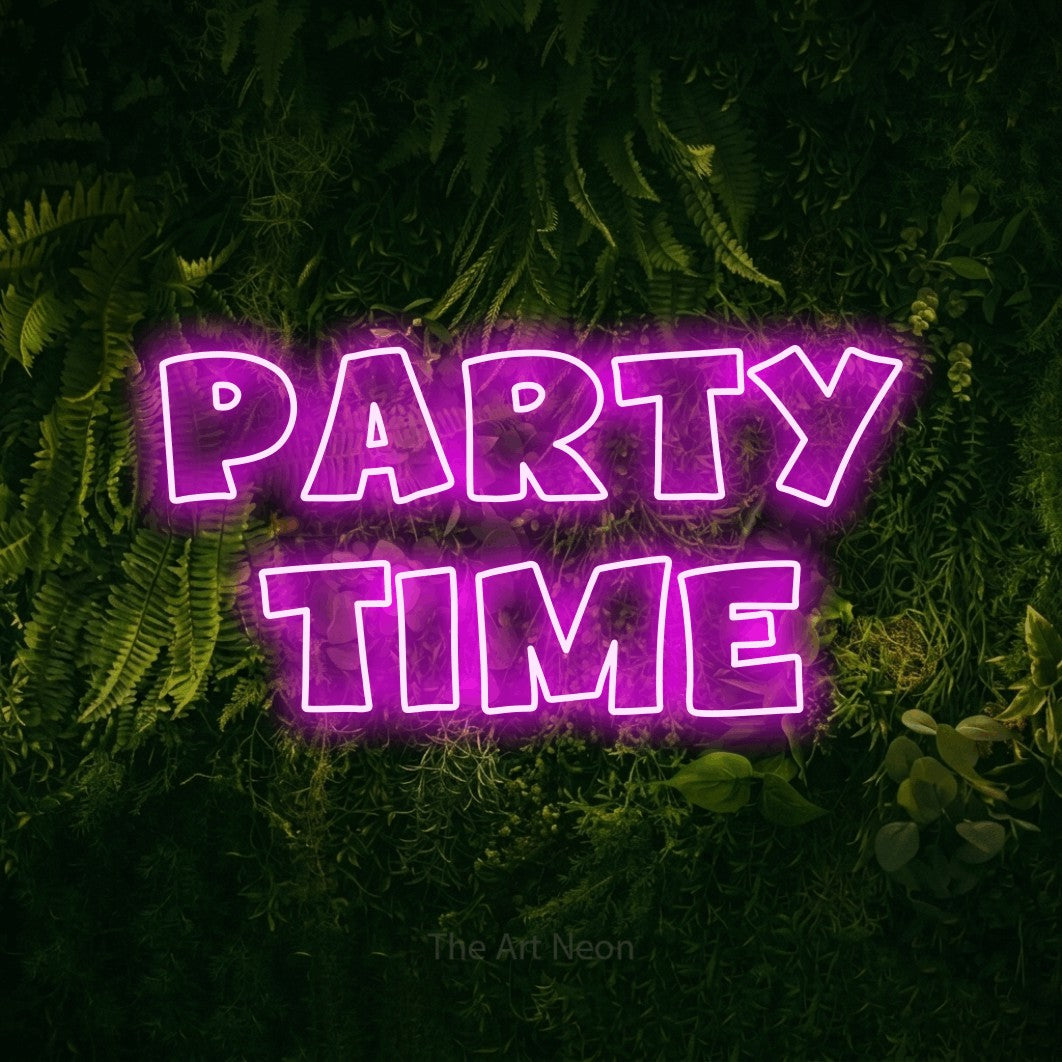 LED neon sign reading “Party time”, arranged in 2 lines.