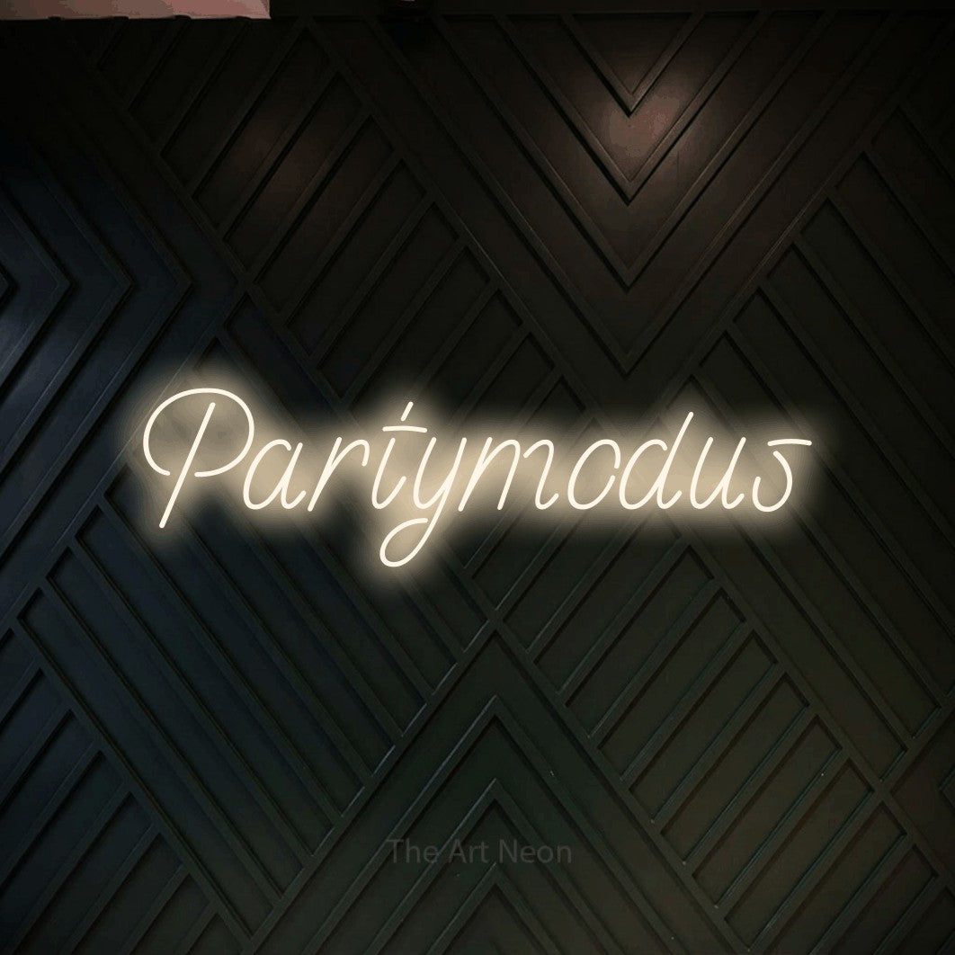LED neon sign reading “Partymodus”, arranged in a single line.