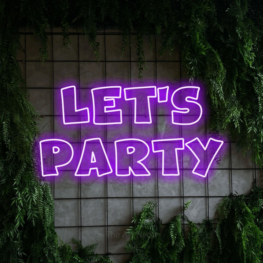 LED neon sign reading “let's party”, arranged in 2 lines.