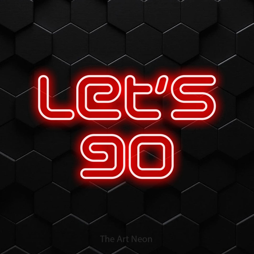 LED neon sign reading “let's go”, arranged in 2 lines.