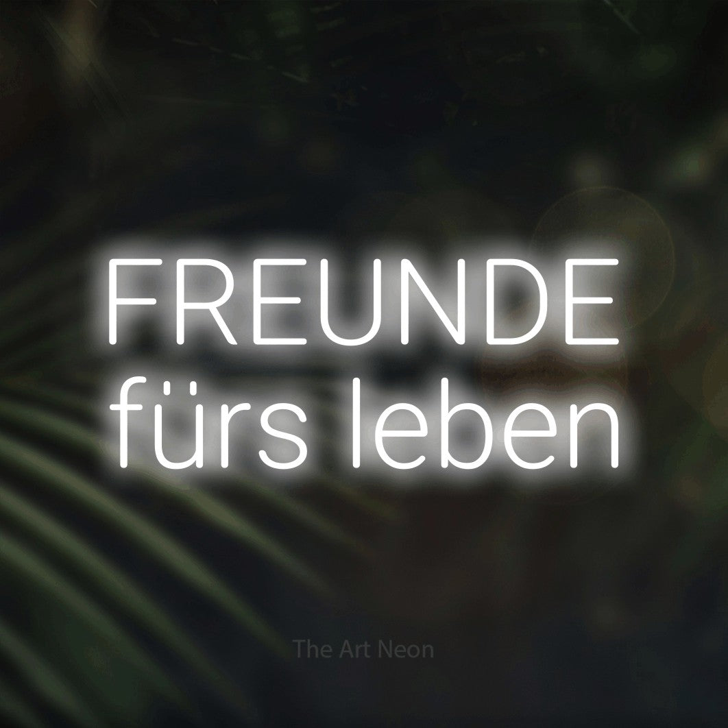 LED neon sign reading “FREUNDE fürs leben”, arranged in 2 lines.